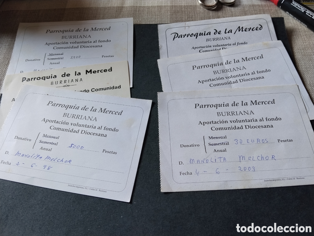 Otros art&iacute;culos de coleccionismo en papel: Donativo parroquia de la Merced, Burriana varios a&ntilde;os
