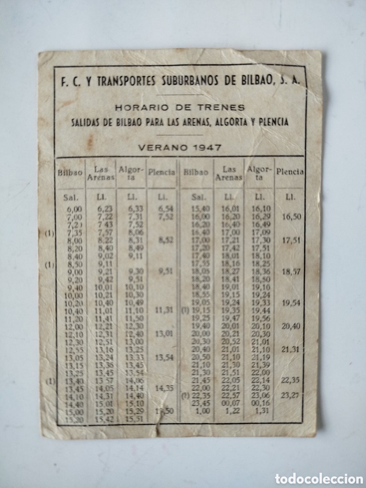 Otros art&iacute;culos de coleccionismo en papel: HORARIOS DE TRENES DE F.C. Y TRANSPORTES SUBURBANOS DE BILBAO. VERANO 1947.