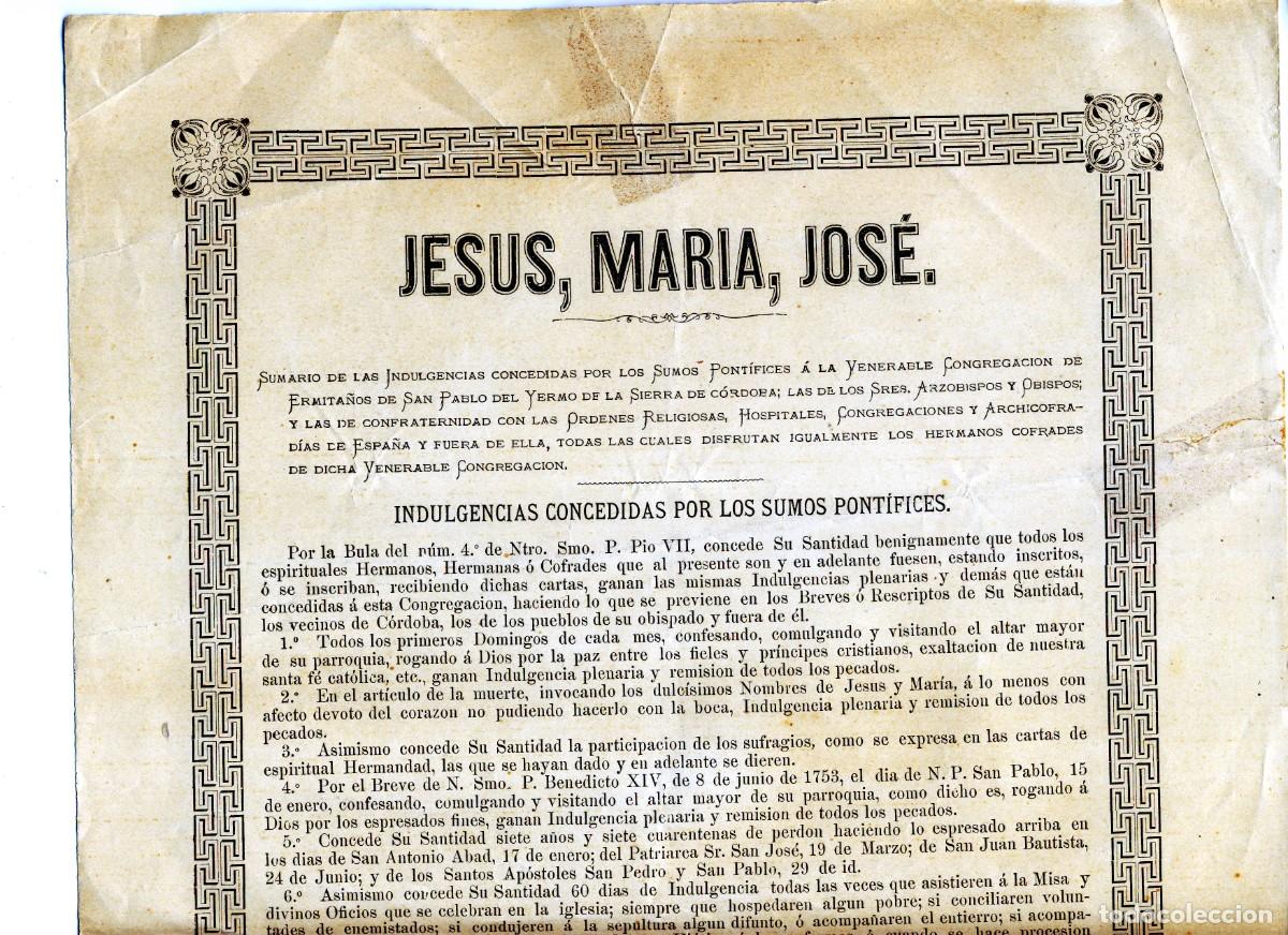 Otros art&iacute;culos de coleccionismo en papel: INDULGENCIAS CONCEDIDAS A LOS HERMITA&Ntilde;OS DE LA SIERRA DE CORDOBA.-IMPRENTA DEL DARIO DE CORDOBA.-
