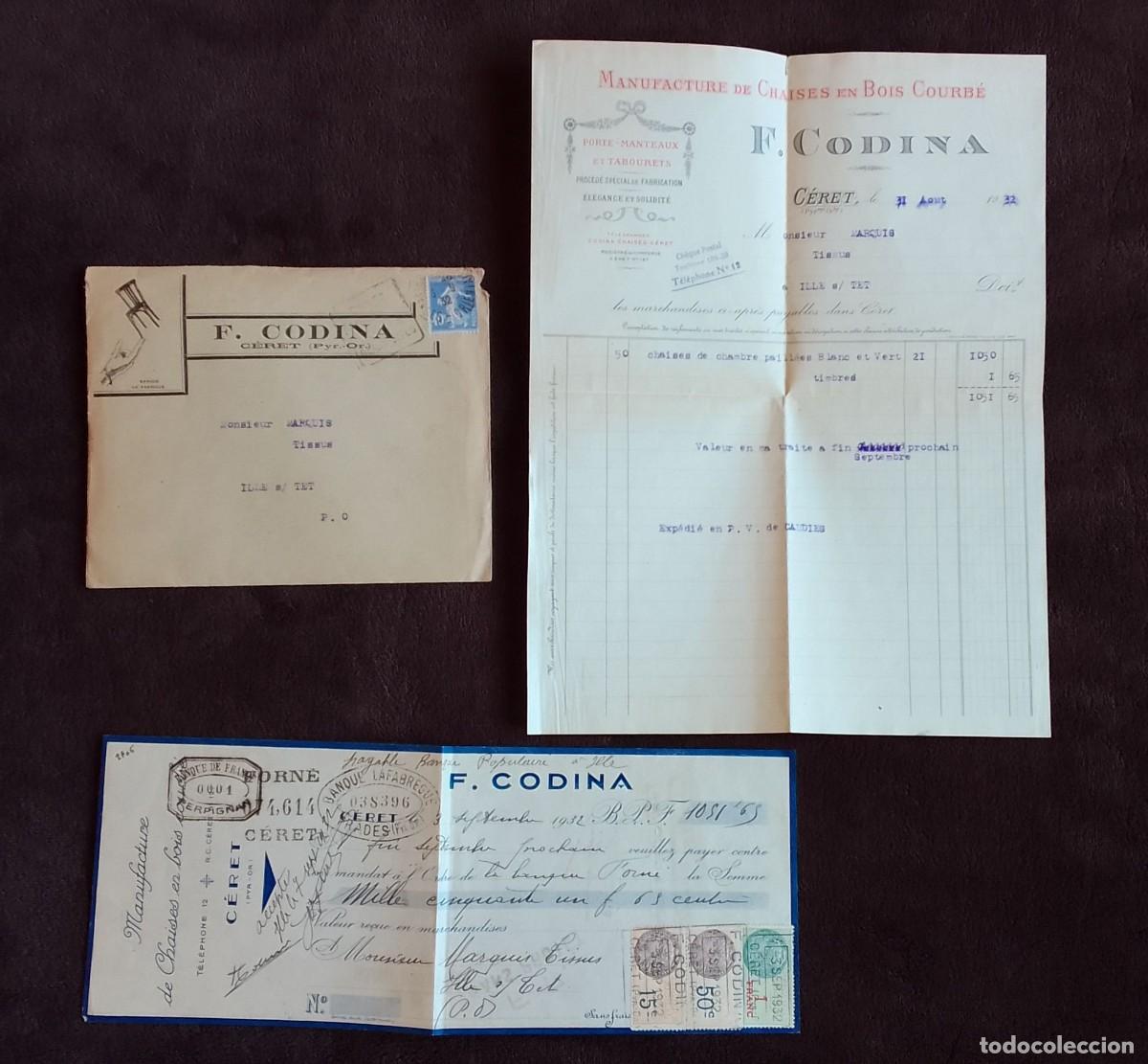 Otros art&iacute;culos de coleccionismo en papel: LOTE FABRICA DE SILLAS. F.CODINA. SOBRE. FACTURA. CHEQUE. CERET. PERPIGNAN. ILLE S TET.