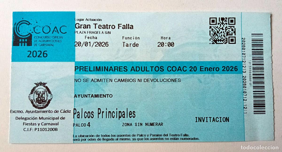 Otros art&iacute;culos de coleccionismo en papel: CARNAVAL DE C&Aacute;DIZ: ENTRADA COAC INVITACION ADULTOS 2026