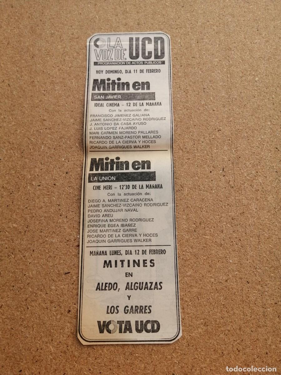 Otros art&iacute;culos de coleccionismo en papel: RECORTE PRENSA. ELECCIONES 1979. UCD (MITIN EN SAN JAVIER - LA UNION - ALEDO - LOS GARRES - ALGUAZAS