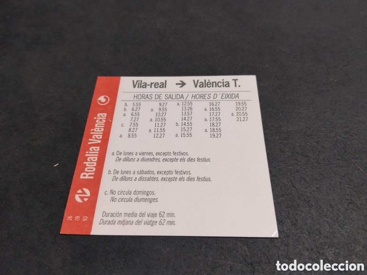 Otros art&iacute;culos de coleccionismo en papel: Tarjeta horarios trenes Villarreal -Valencia