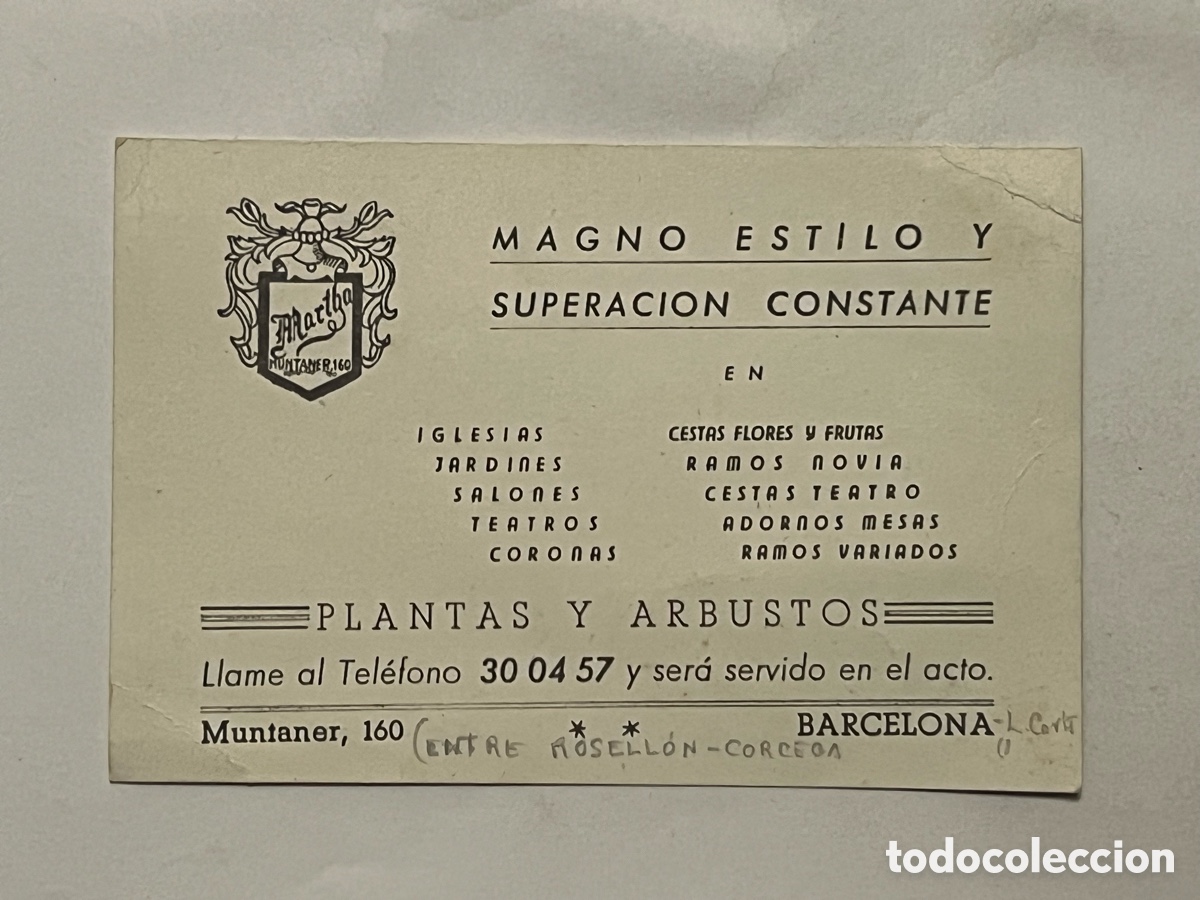 Otros art&iacute;culos de coleccionismo en papel: BARCELONA MARTBA. Tarjeta comercial MAGNO ESTILO Y SUPERACION CONSTANTE EN CESTAS FLORES (h.1970?)