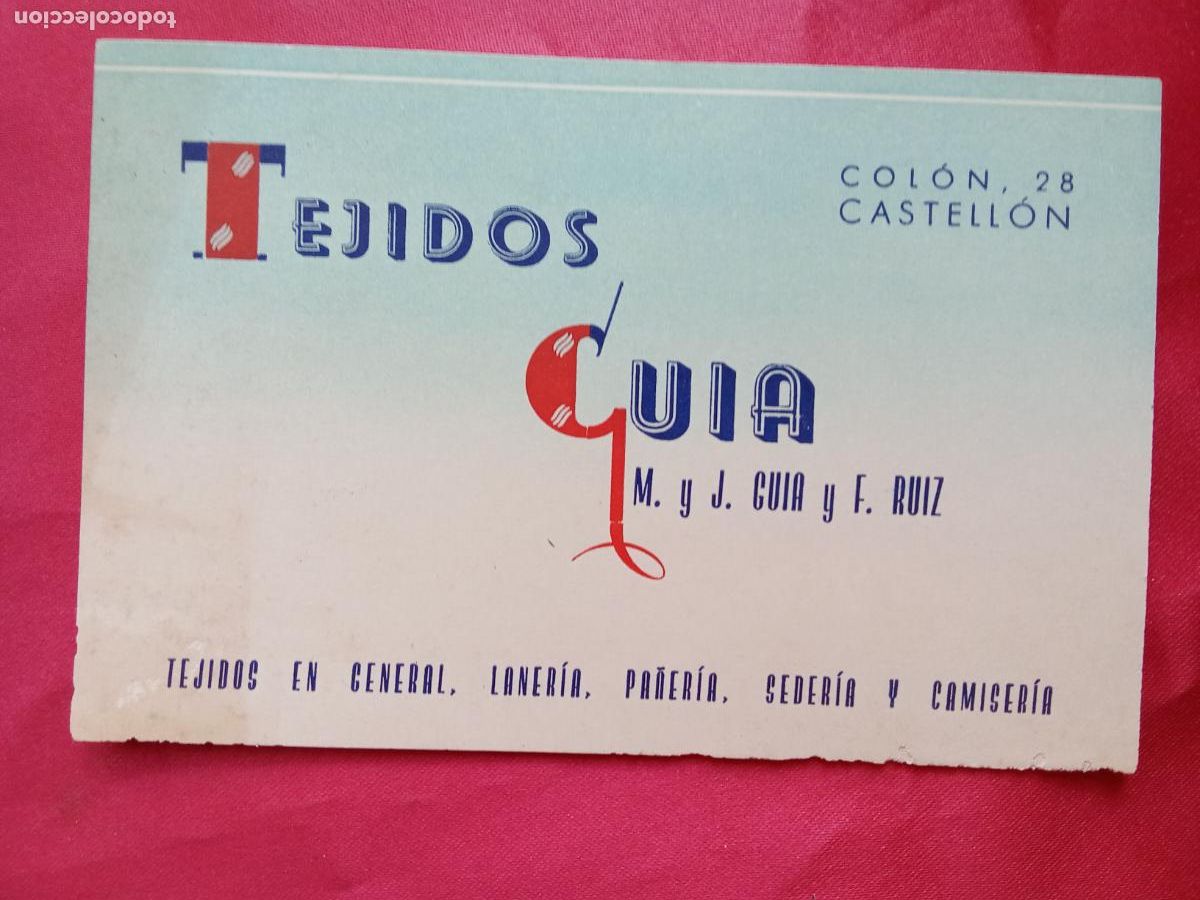 Otros art&iacute;culos de coleccionismo en papel: Tarjeta tienda de ropa Tejidos Guia, Col&oacute;n 28 Castell&oacute;n a&ntilde;os 50 P.1330