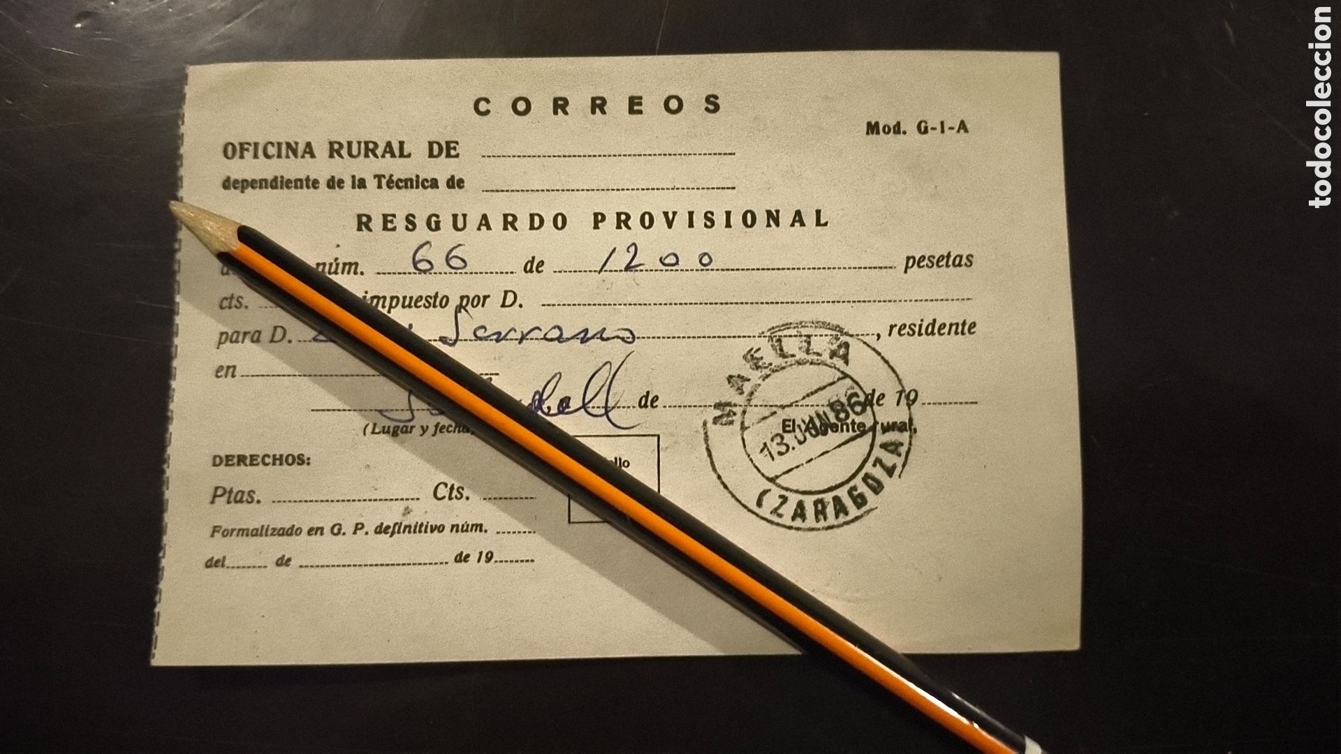Otros art&iacute;culos de coleccionismo en papel: Resguardo oficina correos maella Zaragoza
