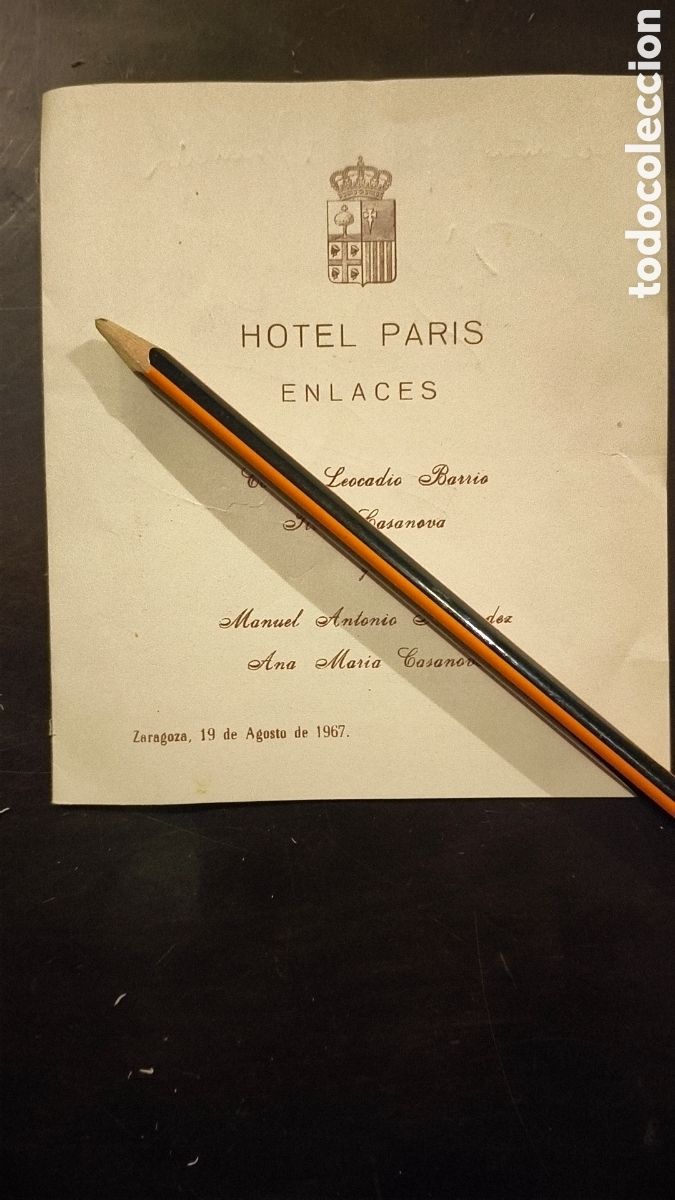 Otros art&iacute;culos de coleccionismo en papel: Tarjeta munu enlace boda hotel Paris Zaragoza