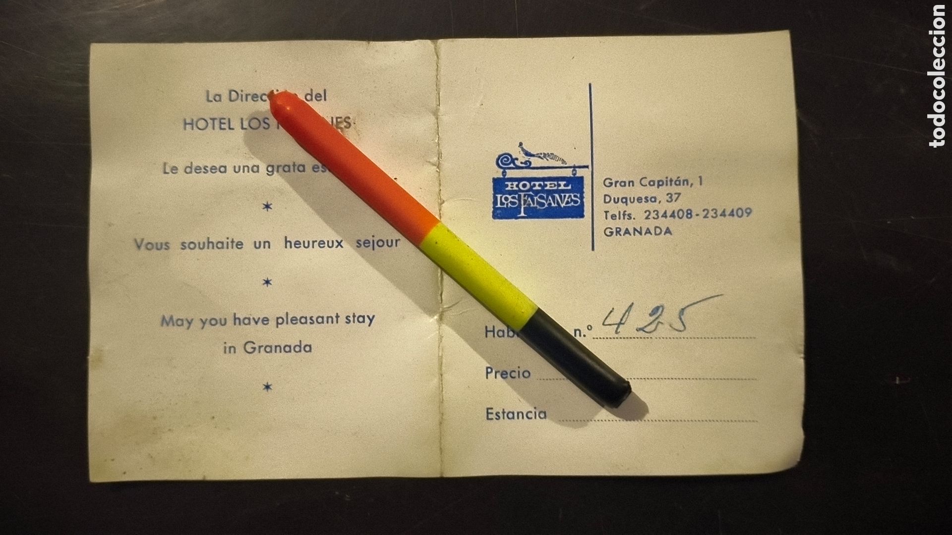 Otros art&iacute;culos de coleccionismo en papel: Tarjeta habitaci&oacute;n hotel los faisanes granada Andaluc&iacute;a
