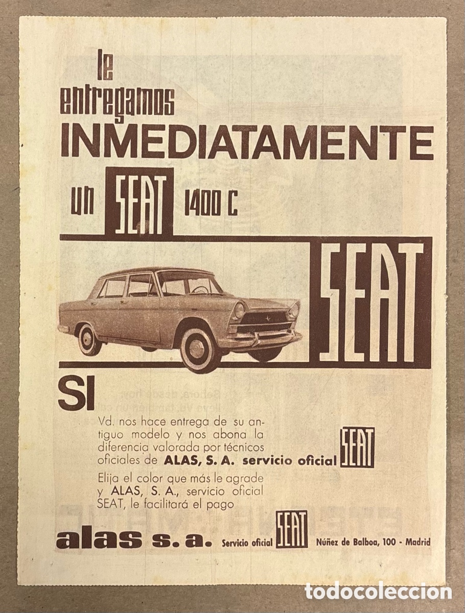Otros art&iacute;culos de coleccionismo en papel: SEAT 1400 C. ANUNCIO PUBLICITARIO PERI&Oacute;DICO ABC A&Ntilde;OS 1961. ALAS S.A. MADRID.