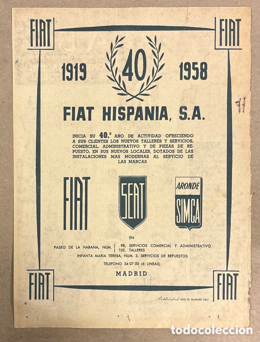 Otros art&iacute;culos de coleccionismo en papel: FIAT HISPANIA S.A. 40 ANIVERSARIO . ANUNCIO PUBLICITARIO PERI&Oacute;DICO ABC A&Ntilde;OS 1958.