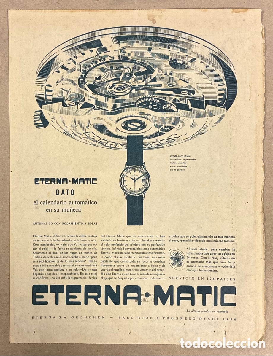 Otros art&iacute;culos de coleccionismo en papel: RELOJ ETERNA-MATIC DATO . ANUNCIO PUBLICITARIO PERI&Oacute;DICO ABC A&Ntilde;O 1958.