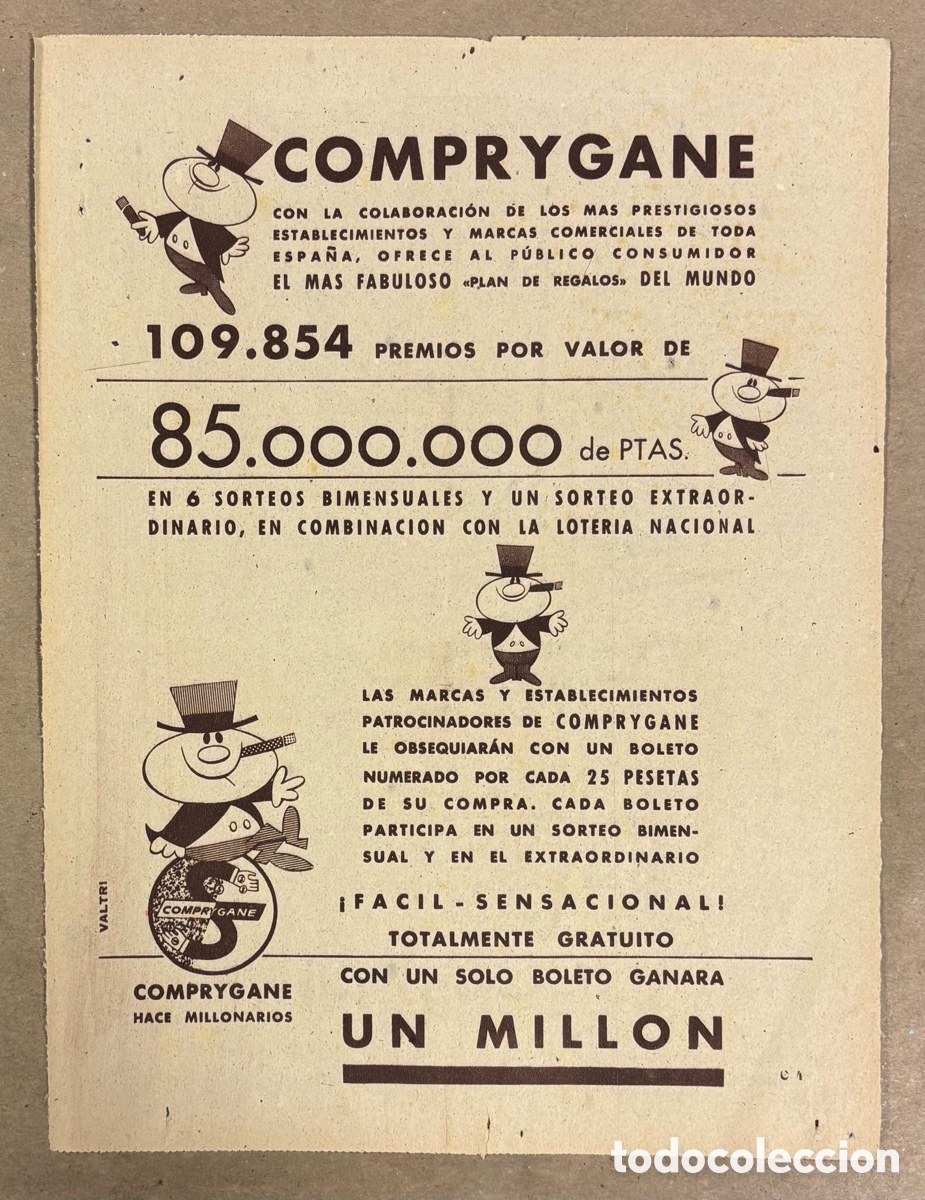 Otros art&iacute;culos de coleccionismo en papel: COMPRYGANE. ANUNCIO PUBLICITARIO SORTEO PERI&Oacute;DICO ABC A&Ntilde;O 1955.