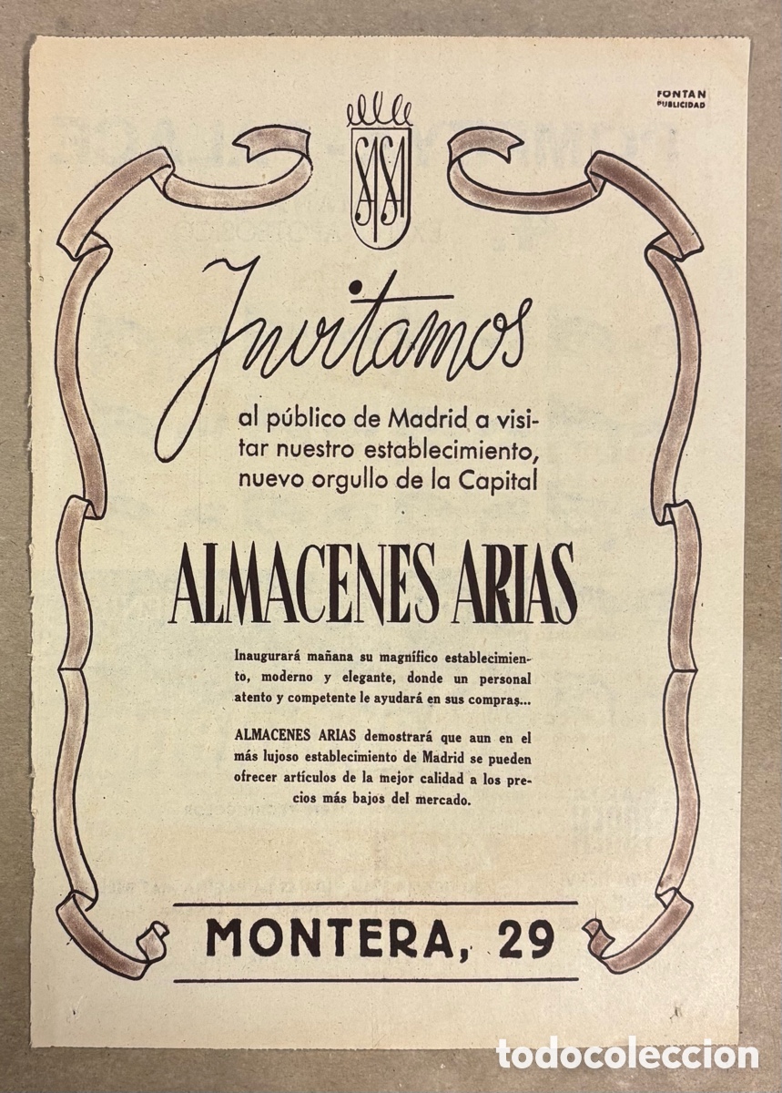 Otros art&iacute;culos de coleccionismo en papel: ALMACENES ARIAS CALLE MONTERA.ANUNCIO PUBLICITARIO PERI&Oacute;DICO ABC A&Ntilde;O 1955.