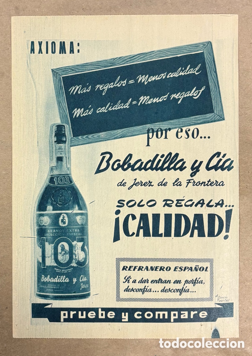 Otros art&iacute;culos de coleccionismo en papel: BRANDY 103 DE BOBADILLA..ANUNCIO PUBLICITARIO PERI&Oacute;DICO ABC A&Ntilde;O 1957.