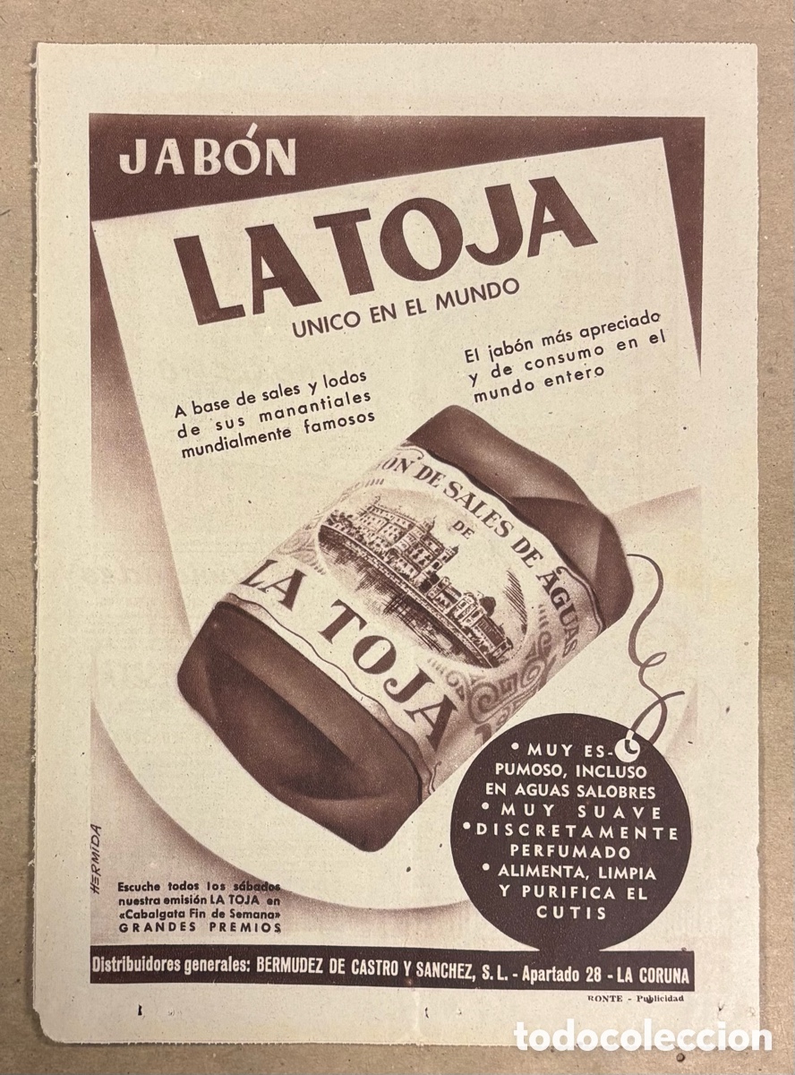 Otros art&iacute;culos de coleccionismo en papel: JAB&Oacute;N LA TOJA. ANUNCIO PUBLICITARIO PERI&Oacute;DICO ABC A&Ntilde;O 1956.