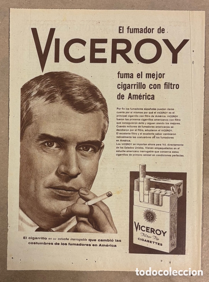 Otros art&iacute;culos de coleccionismo en papel: CIGARRILLOS VICEROY. ANUNCIO PUBLICITARIO PERI&Oacute;DICO ABC A&Ntilde;O 1960.