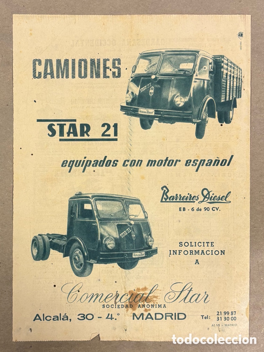 Otros art&iacute;culos de coleccionismo en papel: CAMIONES STAR 21. ANUNCIO PUBLICITARIO PERI&Oacute;DICO ABC A&Ntilde;O 1958. MOTORES BARREIROS DIESEL.