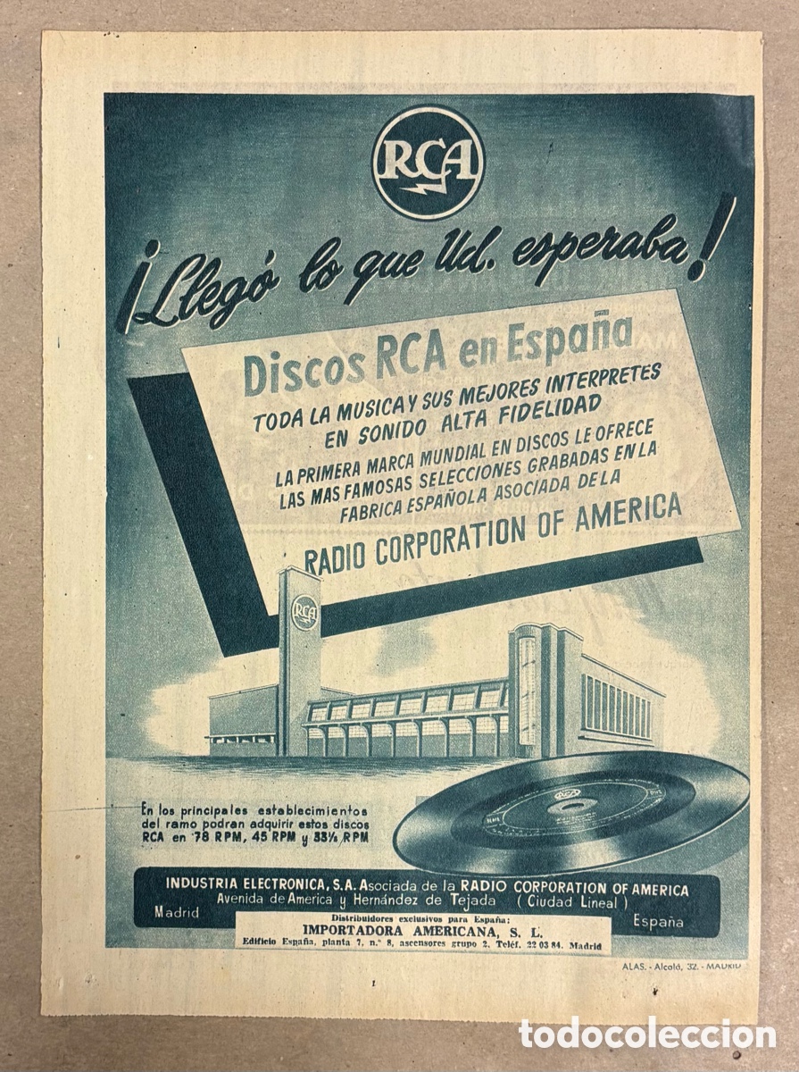 Otros art&iacute;culos de coleccionismo en papel: DISCOS RCA EN ESPA&Ntilde;A. ANUNCIO PUBLICITARIO PERI&Oacute;DICO ABC A&Ntilde;O 1955. INAUGURACI&Oacute;N F&Aacute;BRICA EN ESPA&Ntilde;A