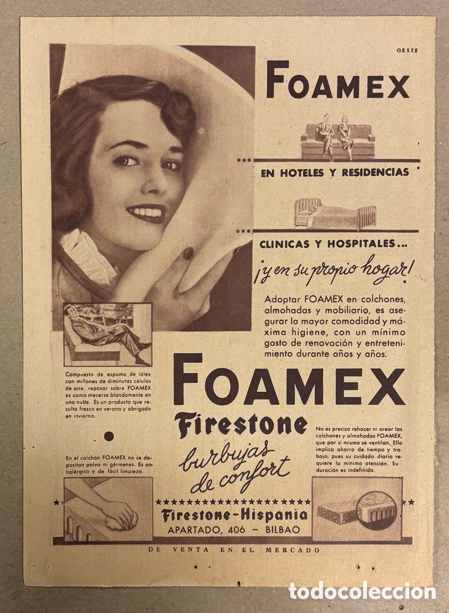 Otros art&iacute;culos de coleccionismo en papel: FOAMEX POR FIRESTONE ESPA&Ntilde;A. ANUNCIO PUBLICITARIO PERI&Oacute;DICO ABC A&Ntilde;O 1955.