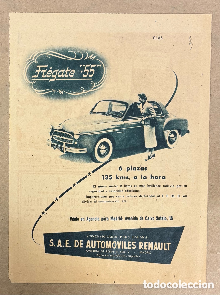Otros art&iacute;culos de coleccionismo en papel: RENAULT FR&Eacute;GATE 55. ANUNCIO PUBLICITARIO PERI&Oacute;DICO ABC A&Ntilde;O 1955.