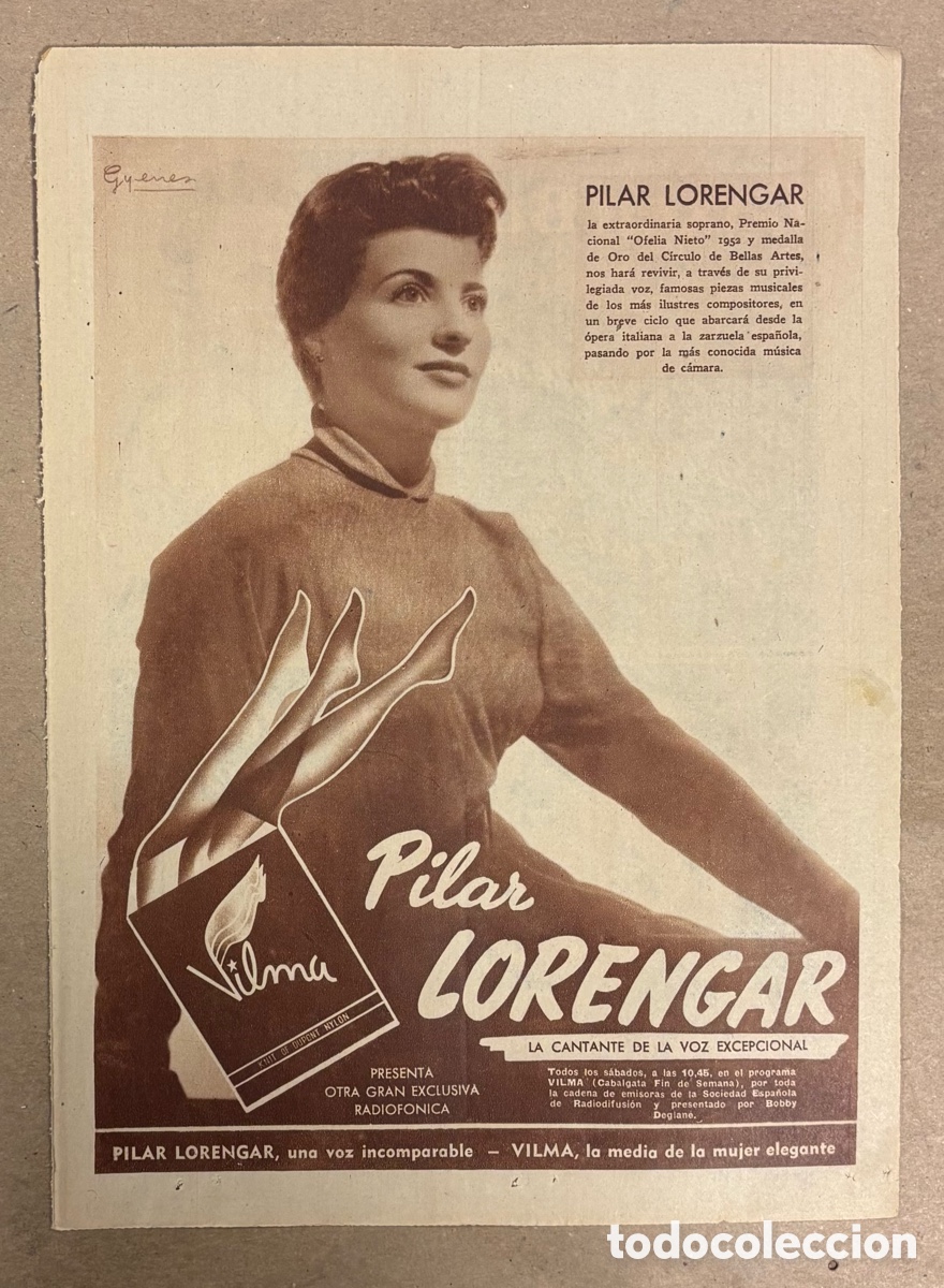 Otros art&iacute;culos de coleccionismo en papel: PILAR LORENGAR MEDIAS DE MYLON VYLMA. ANUNCIO PUBLICITARIO PERI&Oacute;DICO ABC A&Ntilde;O 1952.