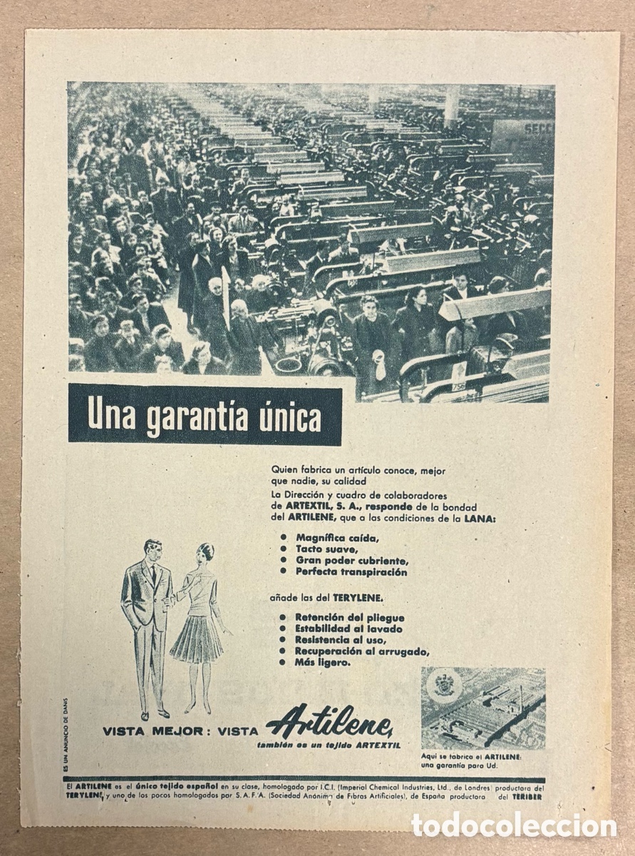 Otros art&iacute;culos de coleccionismo en papel: TEJIDOS ARTILENE F&Aacute;BRICA SABADELL.. ANUNCIO PUBLICITARIO PERI&Oacute;DICO ABC A&Ntilde;O 1960.