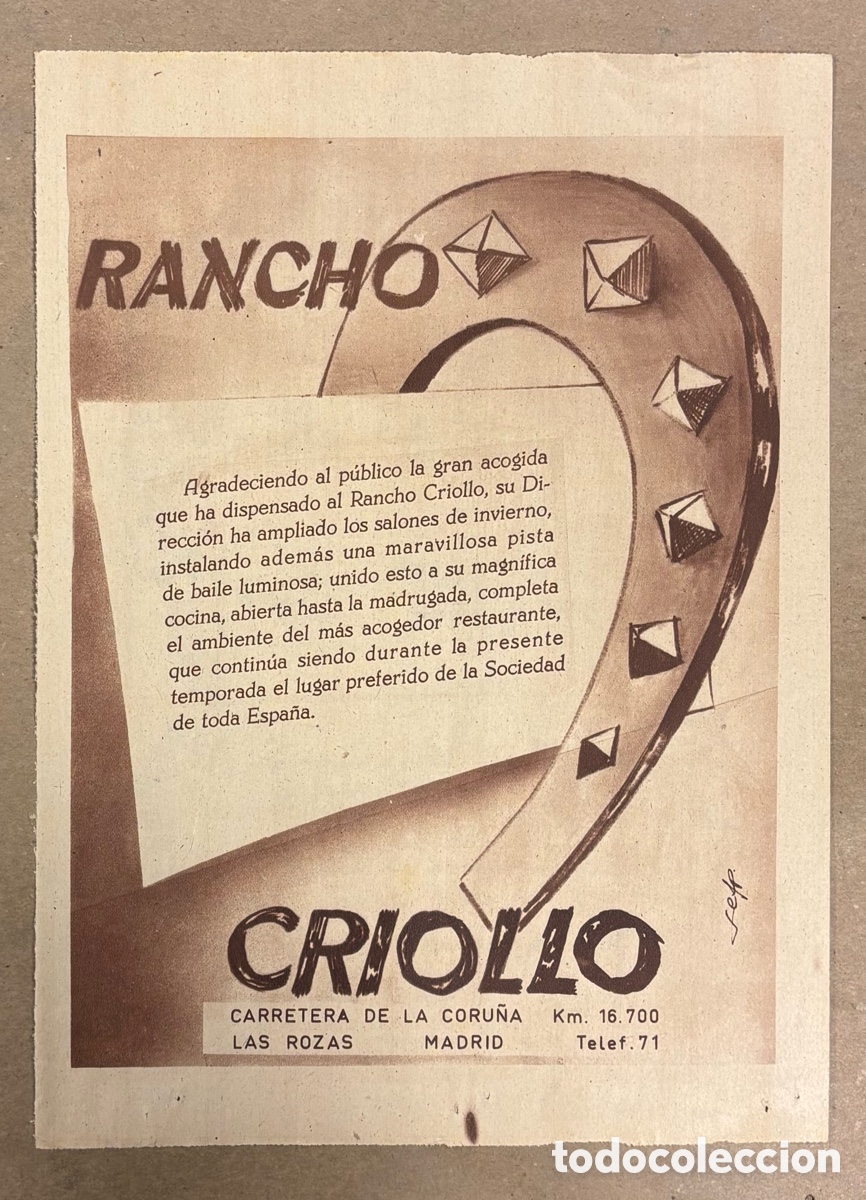 Otros art&iacute;culos de coleccionismo en papel: RESTAURANTE RANCHO CRIOLLO, LAS ROZAS - MADRID. ANUNCIO PUBLICITARIO PERI&Oacute;DICO ABC A&Ntilde;O 1958