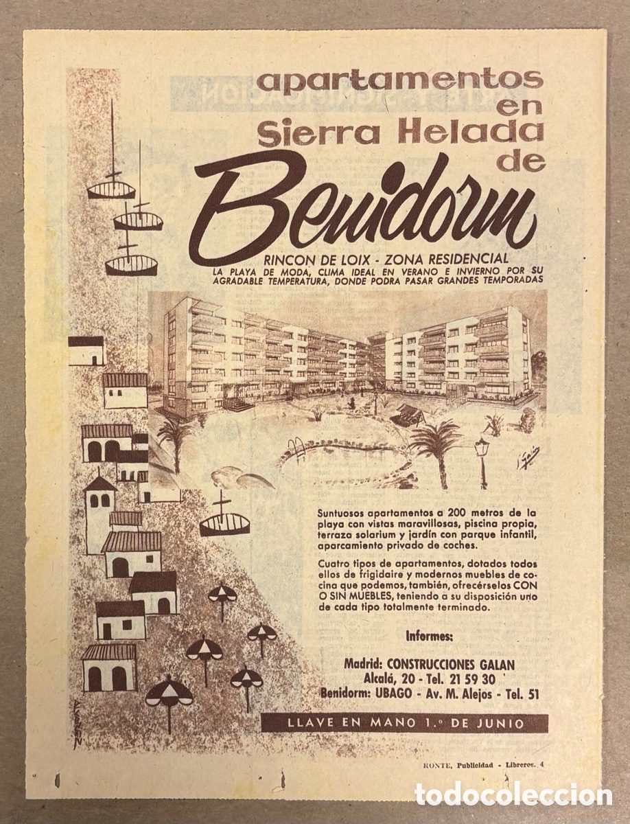 Outros artigos de papel: APARTAMENTOS EN SIERRA HELADA DE BENIDORM. ANUNCIO PUBLICITARIO PERI&Oacute;DICO ABC A&Ntilde;O 1961..