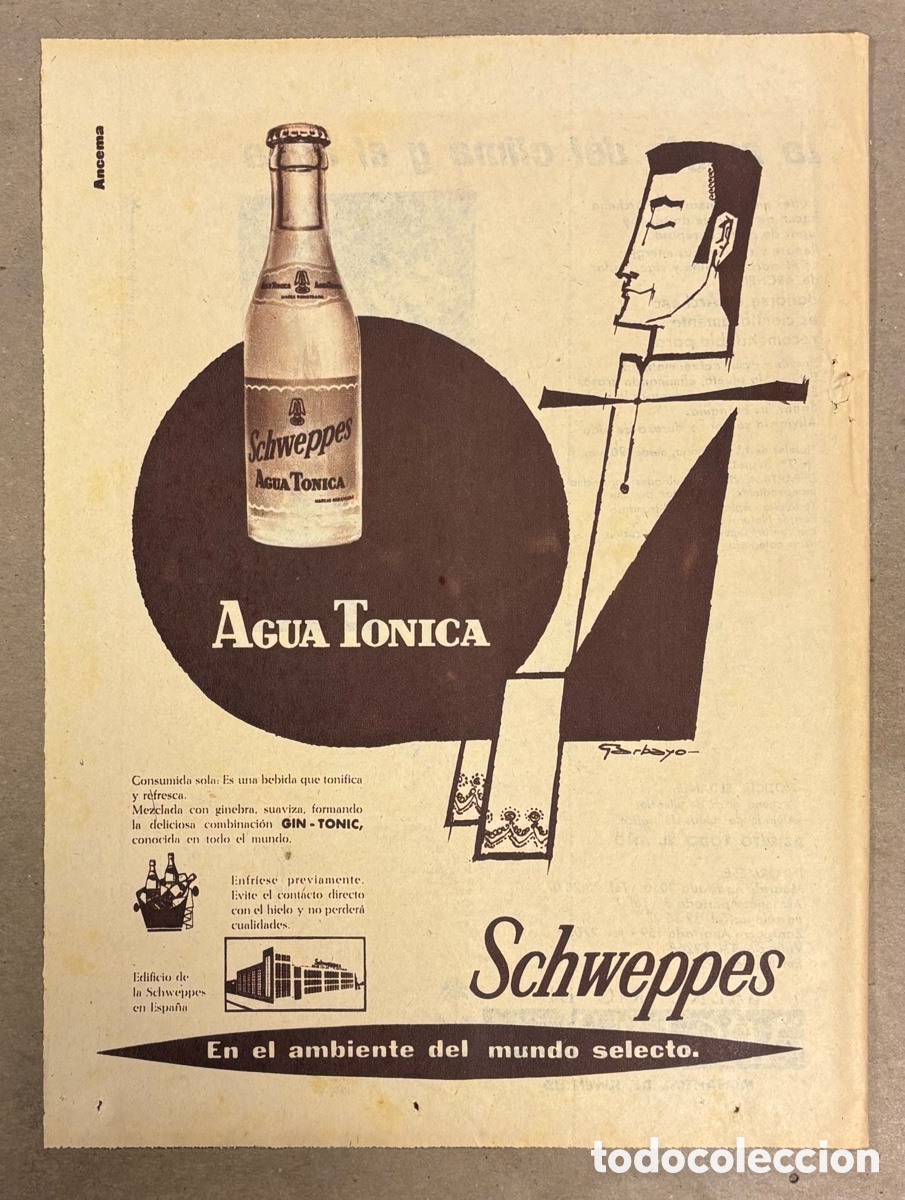 Otros art&iacute;culos de coleccionismo en papel: AGUA T&Oacute;NICA SCHWEPPES. ANUNCIO PUBLICITARIO PERI&Oacute;DICO ABC A&Ntilde;O 1959.. ILUSTRADO POR GARBAYO.