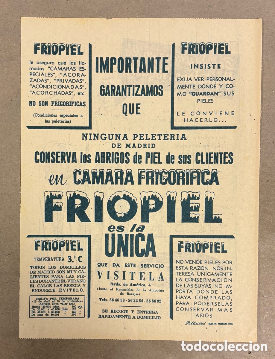 Otros art&iacute;culos de coleccionismo en papel: PELETER&Iacute;A FRIOPIEL. ANUNCIO PUBLICITARIO PERI&Oacute;DICO ABC A&Ntilde;O 1959.