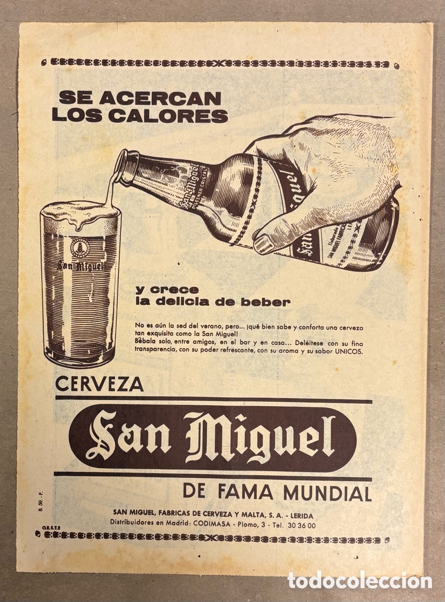 Otros art&iacute;culos de coleccionismo en papel: CERVEZA SAN MIGUEL. ANUNCIO PUBLICITARIO PERI&Oacute;DICO ABC A&Ntilde;O 1959.