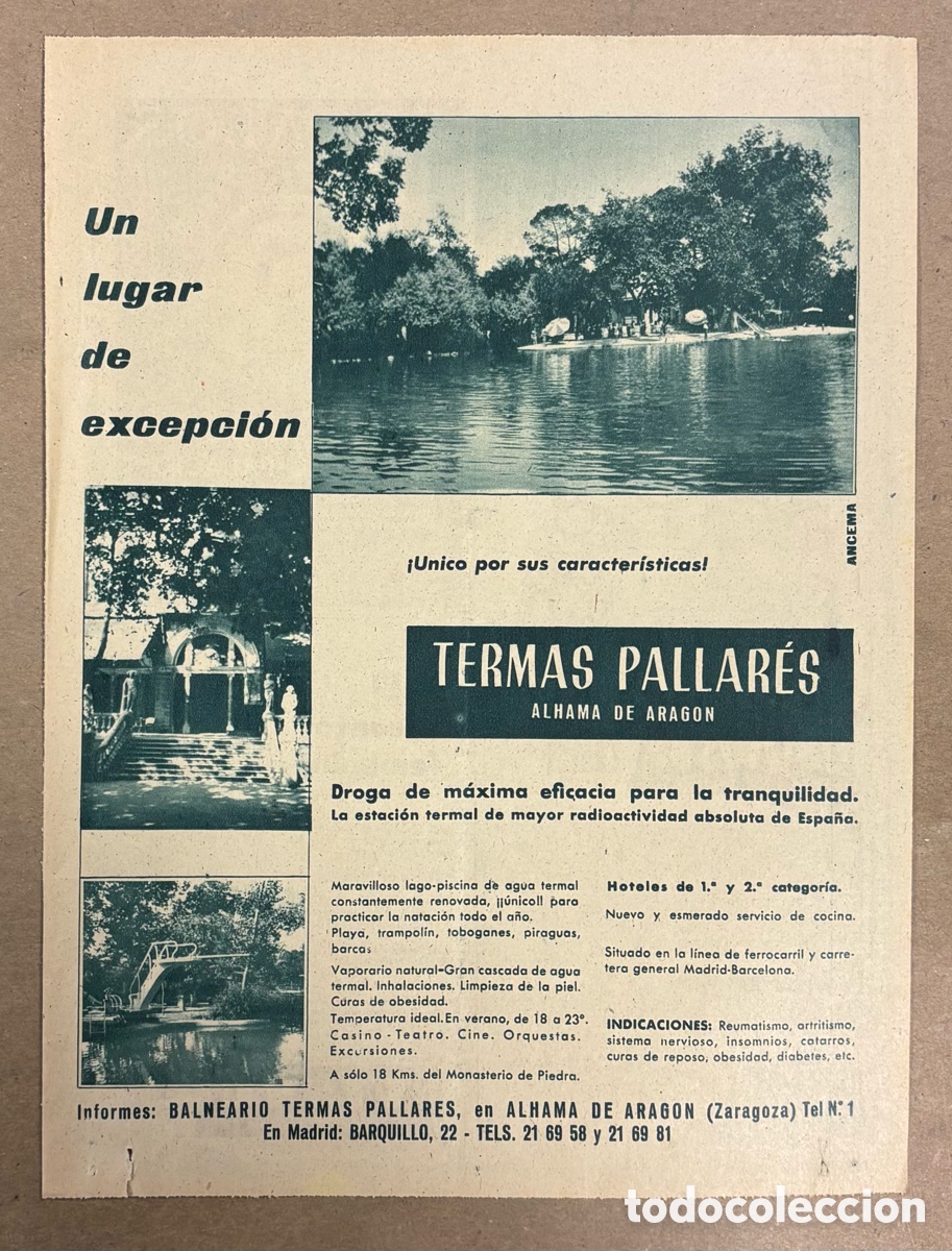Otros art&iacute;culos de coleccionismo en papel: TERMAS PALLAR&Eacute;S (ALHAMA DE ARAG&Oacute;N). ANUNCIO PUBLICITARIO PERI&Oacute;DICO ABC A&Ntilde;O 1962.