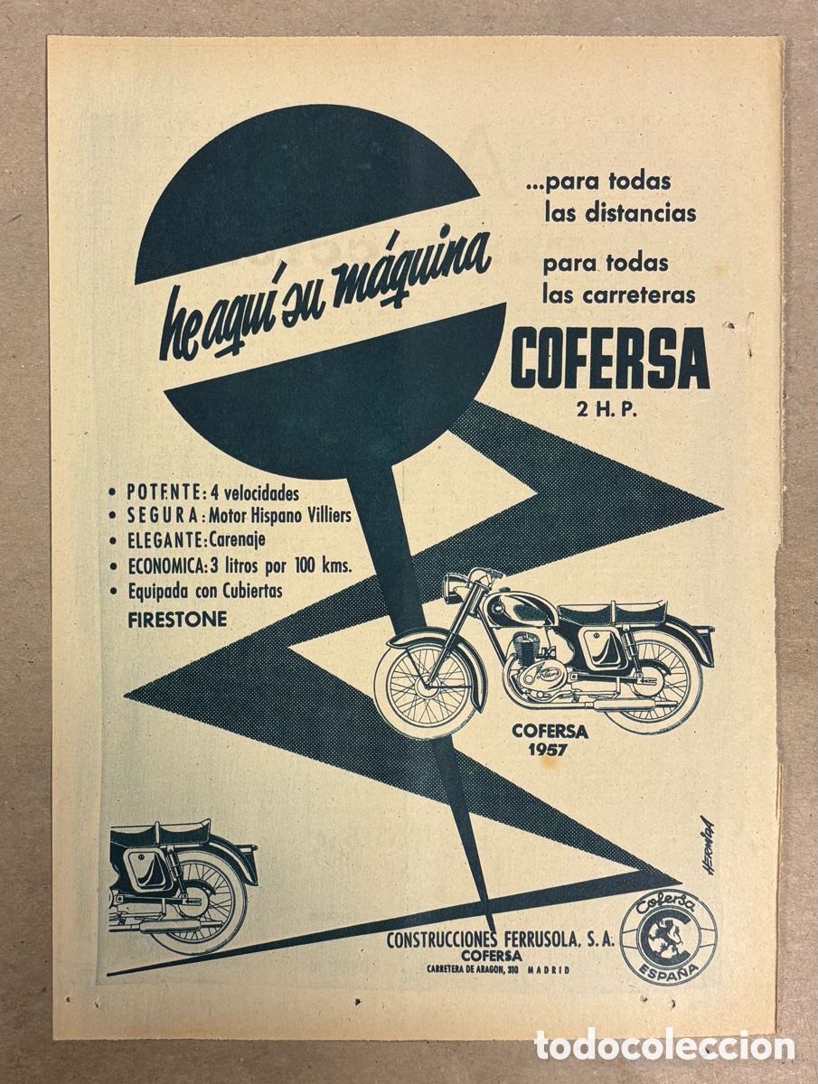 Otros art&iacute;culos de coleccionismo en papel: MOTOCICLETAS COFERSA 2 H.P. ANUNCIO PUBLICITARIO PERI&Oacute;DICO ABC A&Ntilde;O 1957.