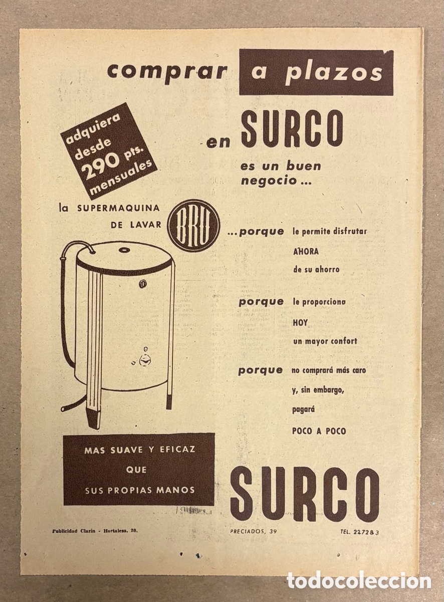 Otros art&iacute;culos de coleccionismo en papel: LAVADORA BRU. ANUNCIO PUBLICITARIO PERI&Oacute;DICO ABC A&Ntilde;O 1956. ALMACENES SURCO (MADRID).