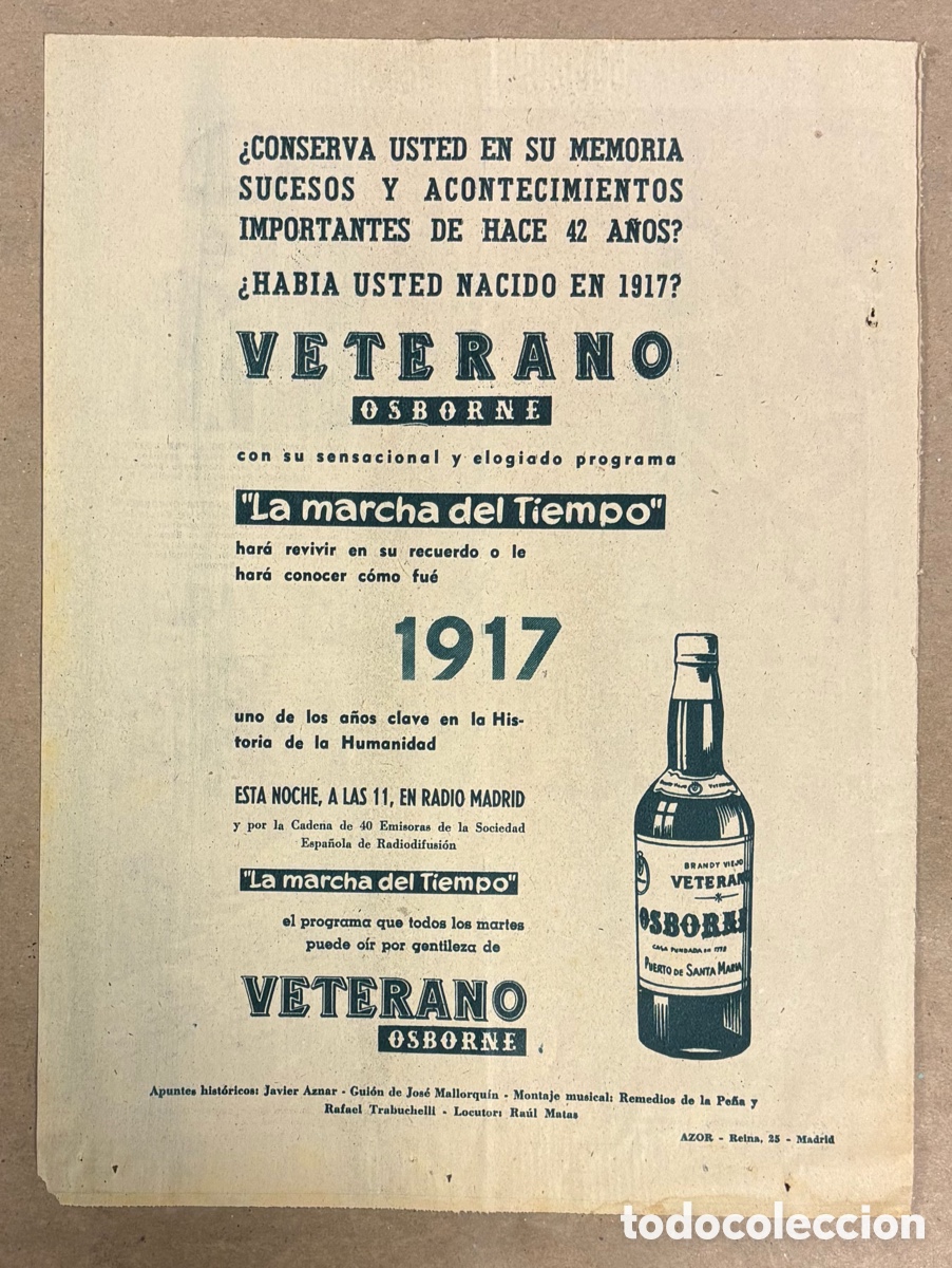 Otros art&iacute;culos de coleccionismo en papel: BRANDY VETERANO OSBORNE. ANUNCIO PUBLICITARIO PERI&Oacute;DICO ABC A&Ntilde;O 1959.
