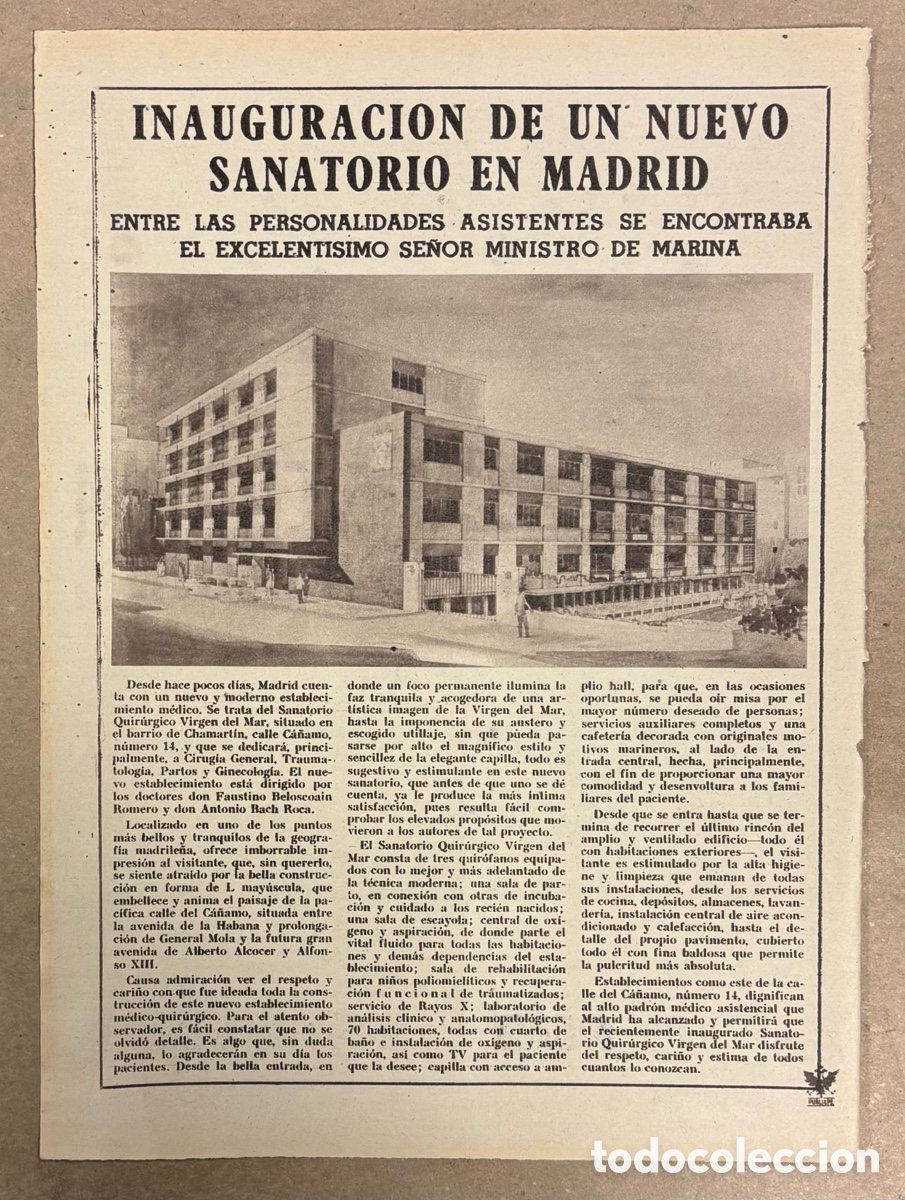 Otros art&iacute;culos de coleccionismo en papel: INAUGURACI&Oacute;N SANATORIO QUIR&Uacute;RGICO VIRGEN DEL MAR. ANUNCIO PUBLICITARIO PERI&Oacute;DICO ABC A&Ntilde;O 1954.