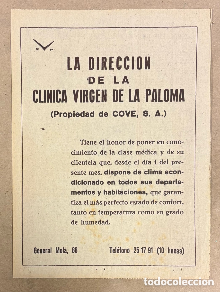 Otros art&iacute;culos de coleccionismo en papel: CL&Iacute;NICA VIRGEN DE LA PALOMA MADRID. ANUNCIO PUBLICITARIO PERI&Oacute;DICO ABC A&Ntilde;O 1960.