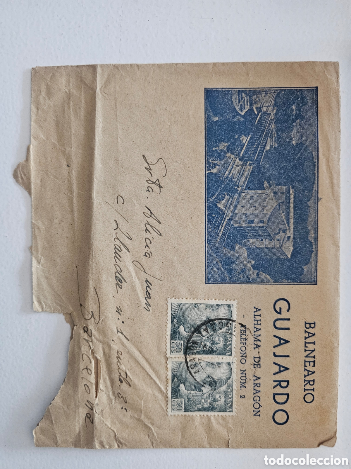 Otros art&iacute;culos de coleccionismo en papel: ​Sobre Antiguo Balneario Guajardo Alhama de Arag&oacute;n a Barcelona Sellos Franco