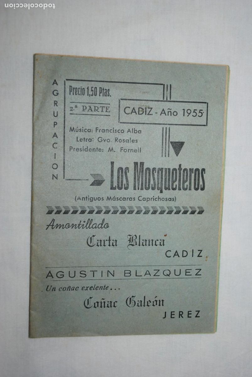 Otros art&iacute;culos de coleccionismo en papel: CARNAVAL DE CADIZ , LOS MOSQUETEROS , 1955