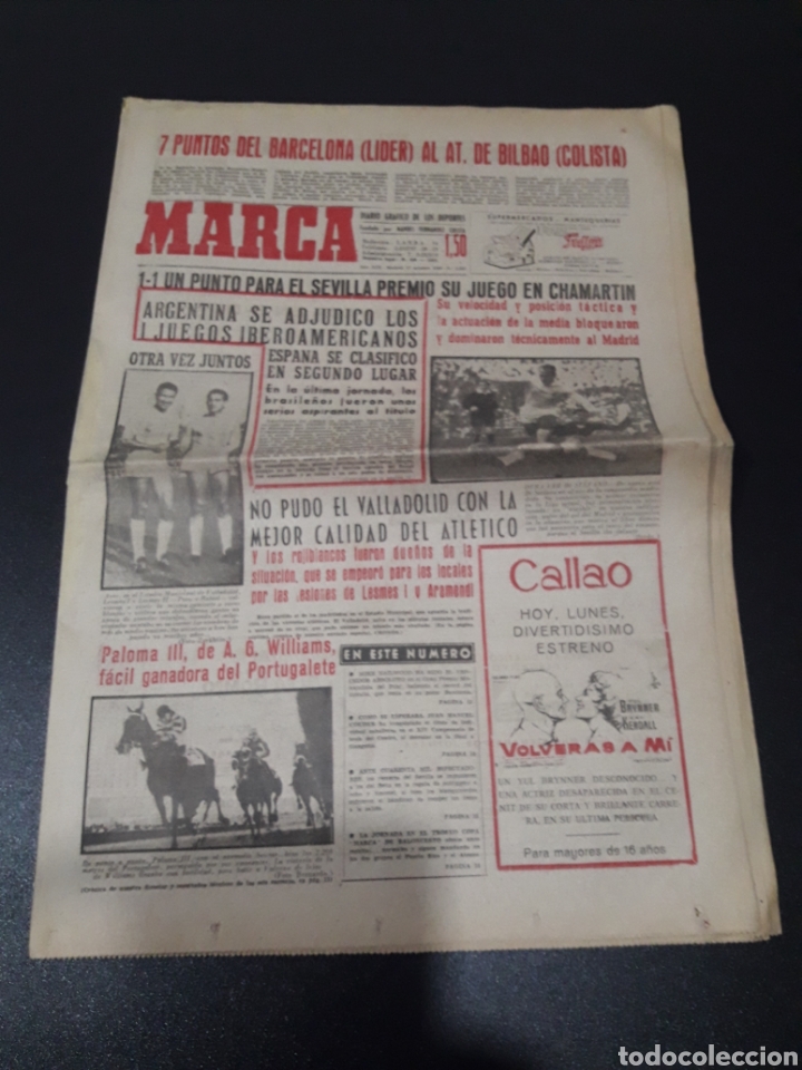 Colecionismo desportivo: MARCA 17/10/1960. LIGA R.MADRID,1 - SEVILLA,1. VALLADOLID,0 - ATLETICO,2. GRANADA,2 - BILBAO,0. REST
