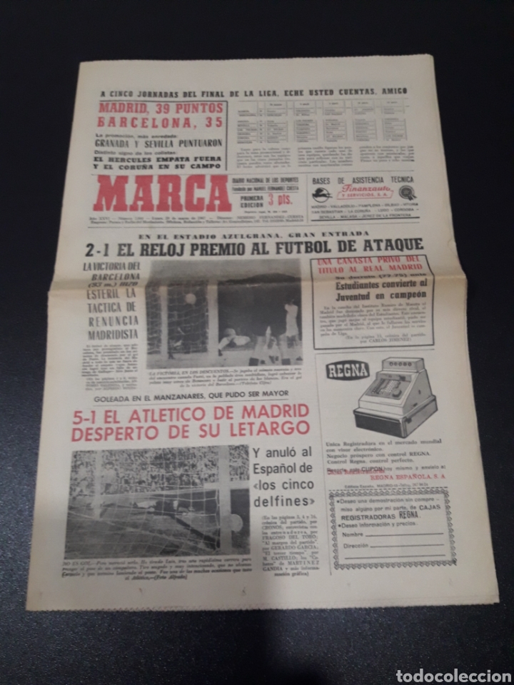 Colecionismo desportivo: MARCA 20/03/1967. LIGA BARCELONA,2 - R.MADRID,1. ATLETICO ESPA&Ntilde;OL RESTO JORNADA LIGA.