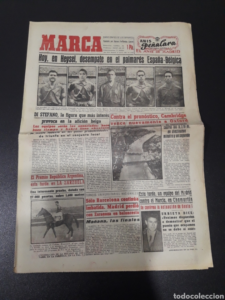 Colecionismo desportivo: MARCA 31/03/1957. BELGICA - ESPA&Ntilde;A PELOTA OGUETA V SOROS I LIGA NACIONAL BALONCESTO JAVIER PAGES ROM