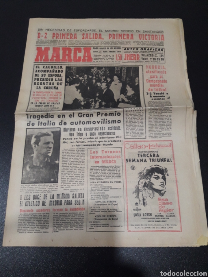 Colecionismo desportivo: MARCA 11/09/1961. LIGA SANTANDER,0 - R.MADRID,2. ELCHE,5 - ZARAGOZA,3. REAL,2 - BARCELONA,1. PONTEVE
