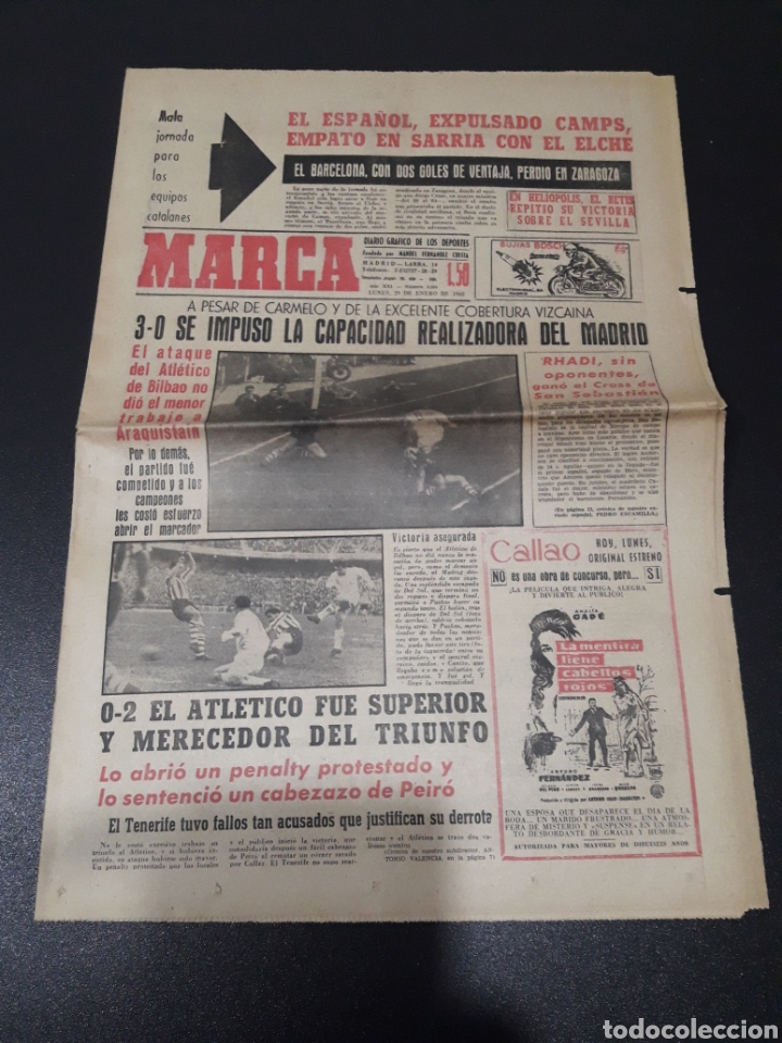 Colecionismo desportivo: MARCA 29/01/1962. LIGA TENERIFE ATLETICO ZARAGOZA BARCELONA OSASUNA SANTANDER ESPA&Ntilde;OL ELCHE MADRID,3