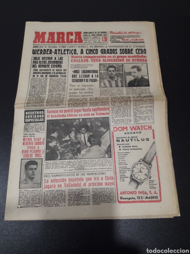 Collectionnisme sportif: MARCA 17/01/1962. RECOPA WERDER - ATLETICO HOMENAJE PEDRO ACU&Ntilde;A SORTEO MUNDIAL CHILE 62 STANLEY ROUS