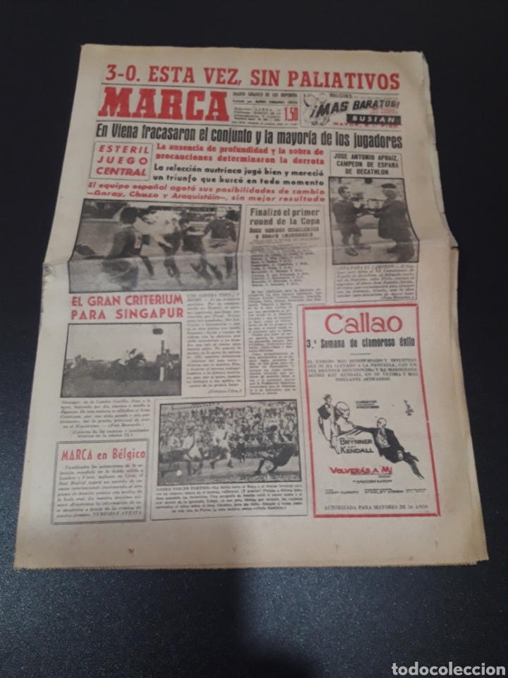 Collectionnisme sportif: MARCA 31/10/1960. AUSTRIA,3 - ESPA&Ntilde;A,0. JOSE ANTONIO APRAIZ COPA OSASUNA BASCONIA PROEZA MARCA TURF