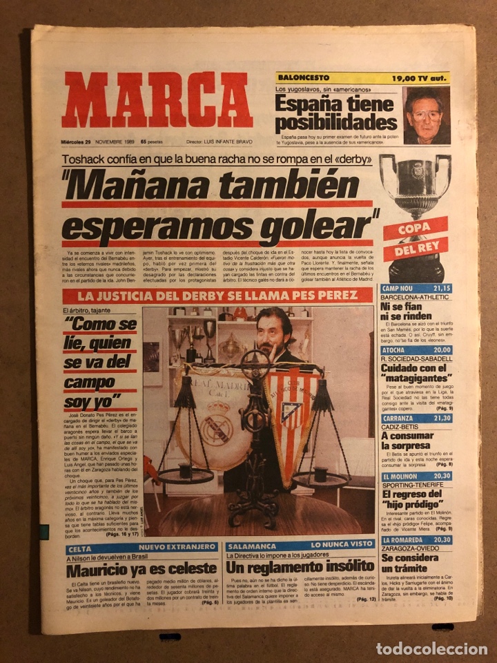 Collectionnisme sportif: MARCA (29 NOVIEMBRE 1989). REAL MADRID - ATL&Eacute;TICO, PES PEREZ, CELTA VIGO, SALAMANCA, COPA DEL REY