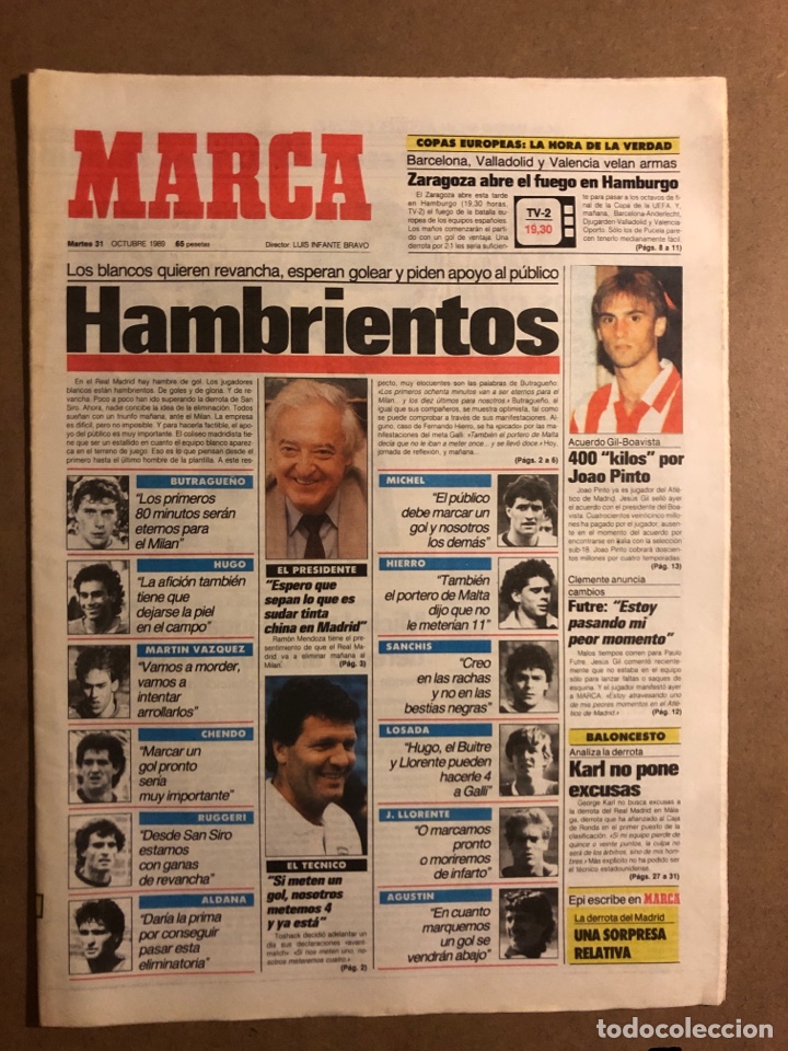 Collectionnisme sportif: MARCA (31 OCTUBRE 1989). PREVIA REAL MADRID - MILAN COPA EUROPA, FUTRE - JOAO PINTO ATL&Eacute;TICO, G. KAR