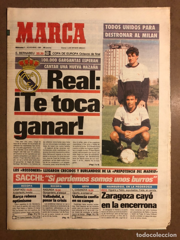 Collectionnisme sportif: MARCA (1 NOVIEMBRE 1989). REAL MADRID - MILAN COPA EUROPA, BAR&Ccedil;A - ANDERLECH, VALLADOLID - DJURGARDE