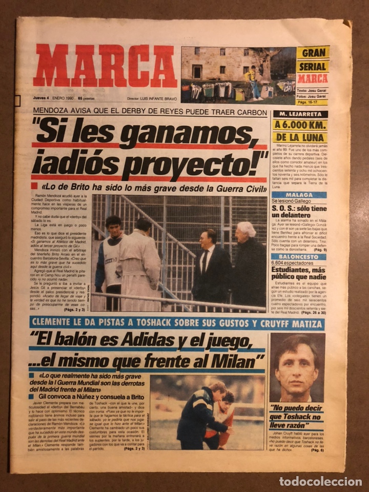 Collectionnisme sportif: MARCA (4 ENERO 1990). DERBY REAL MADRID - ATL&Eacute;TICO, CRUYFF, MARINO LEJARRETA, ESTUDIANTES,...